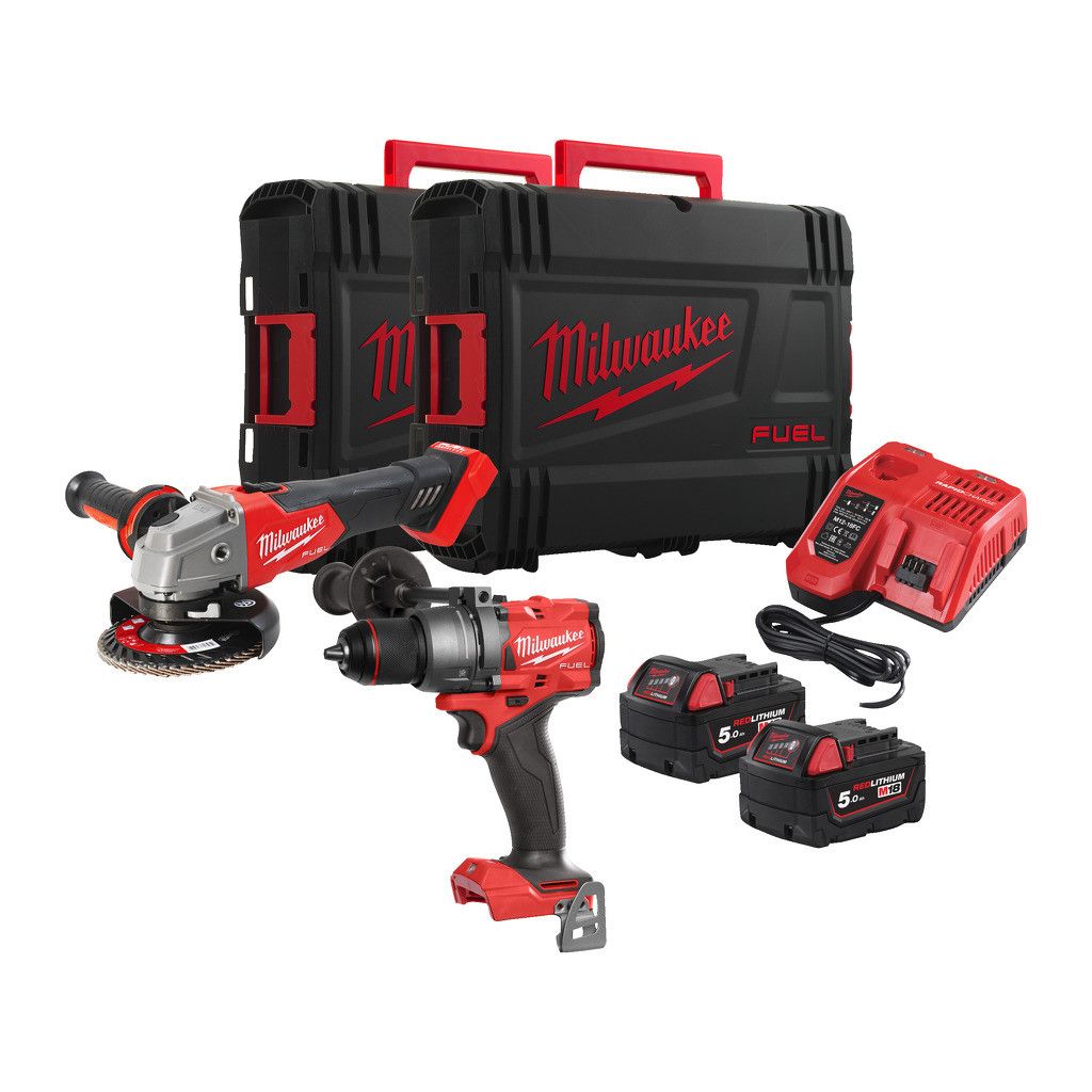 Powerpack Taladro percutor + Amoladora + 2bat 5Ah + Cargador Milwaukee con 2 maletines M18 FPP2E3-502X - 1