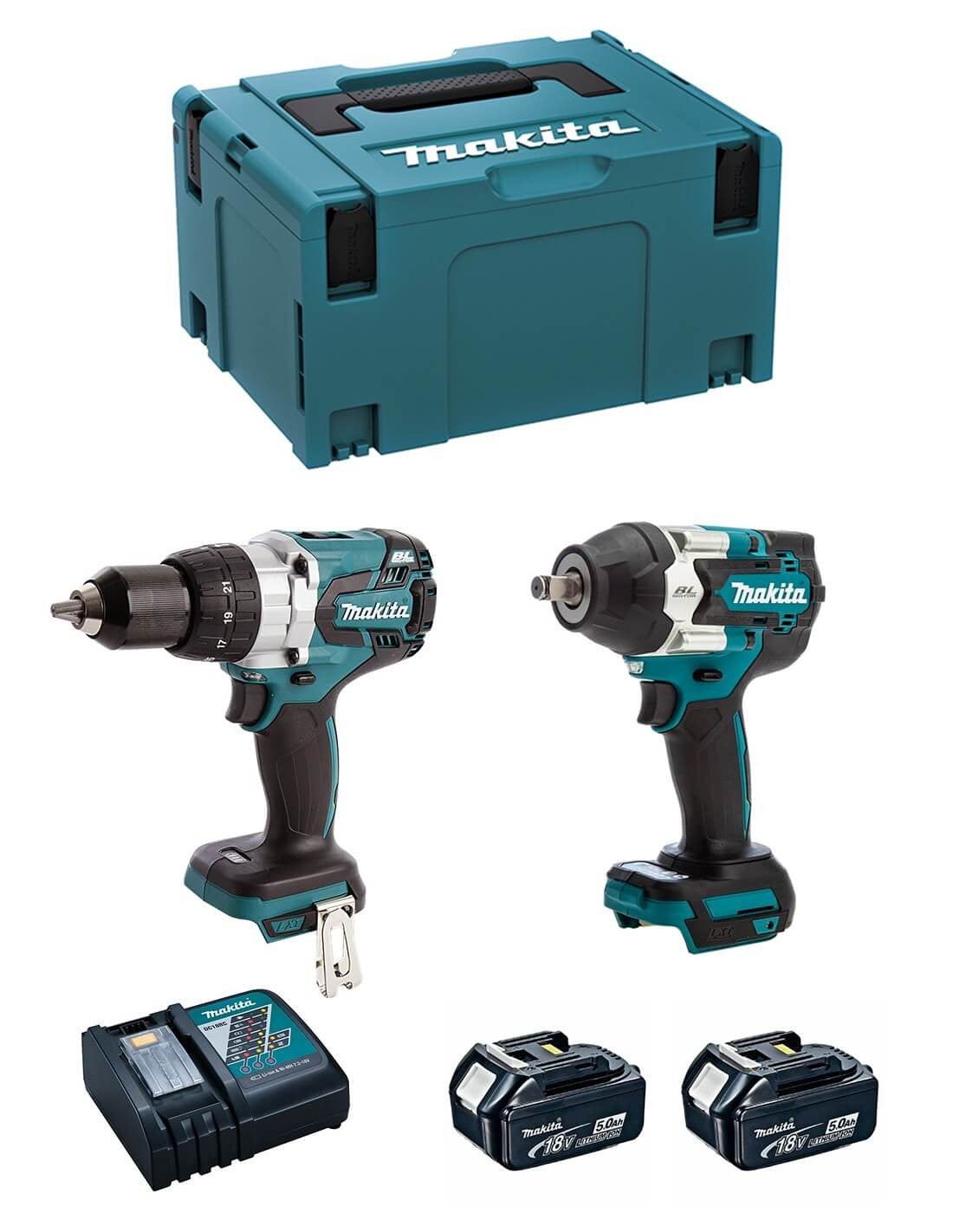 Kit combo marteau perforateur DHP481RTJ + clé à chocs DTW700Z 18V avec 2 batteries 5.0Ah et mallette Makita DLX2480TJ2