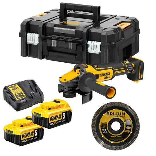 Meuleuse sans balai 18v XR 125mm avec 2 bat 5Ah et valise + Disque Dewalt DCG409P2X