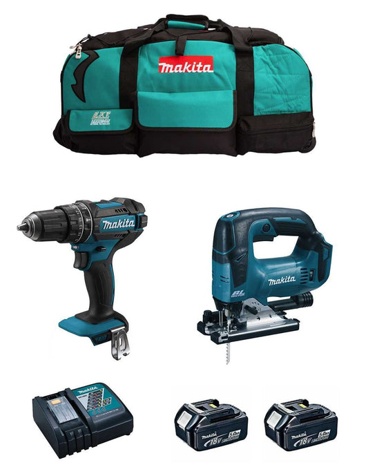 Kit Makita Marteau perforateur DHP482 + Scie sauteuse DJV182 + 2bat 5Ah + chargeur DC18RC + sac DLX2181BL2