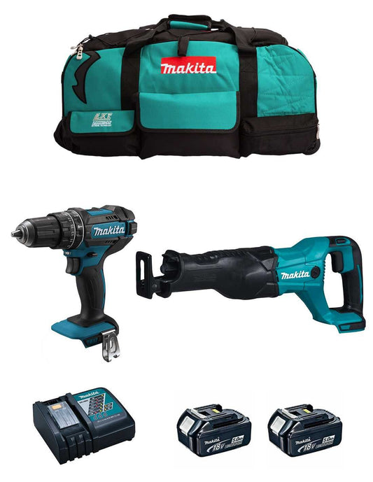 Kit Makita Marteau perforateur DHP482 + Scie à guichet DJR186 + 2bat 5Ah + Chargeur + Sac DLX2186BL2