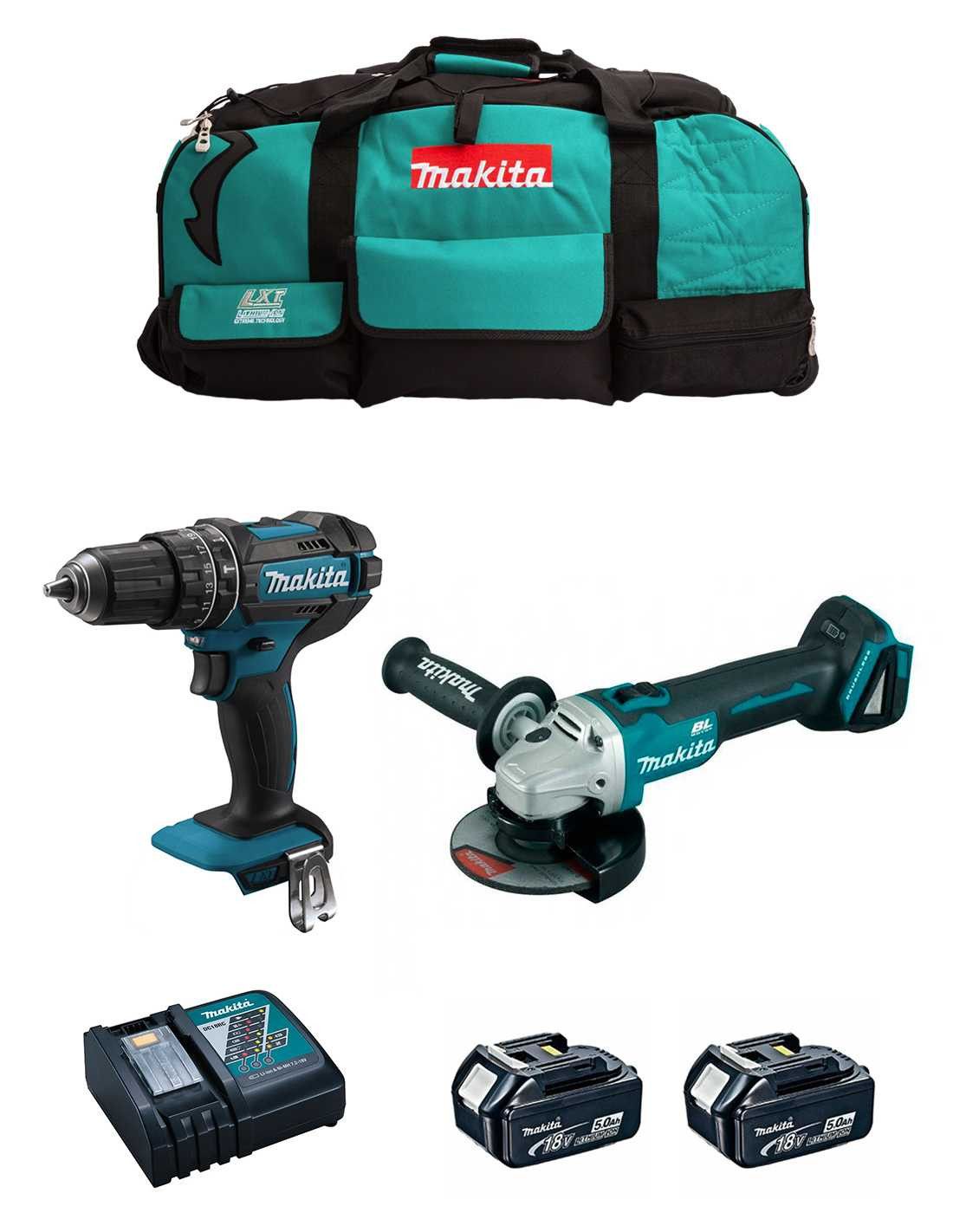 Kit Makita Marteau perforateur DHP482 + Mini meuleuse DGA504 + 2bat 5Ah + Chargeur + Sac DLX2504BL2