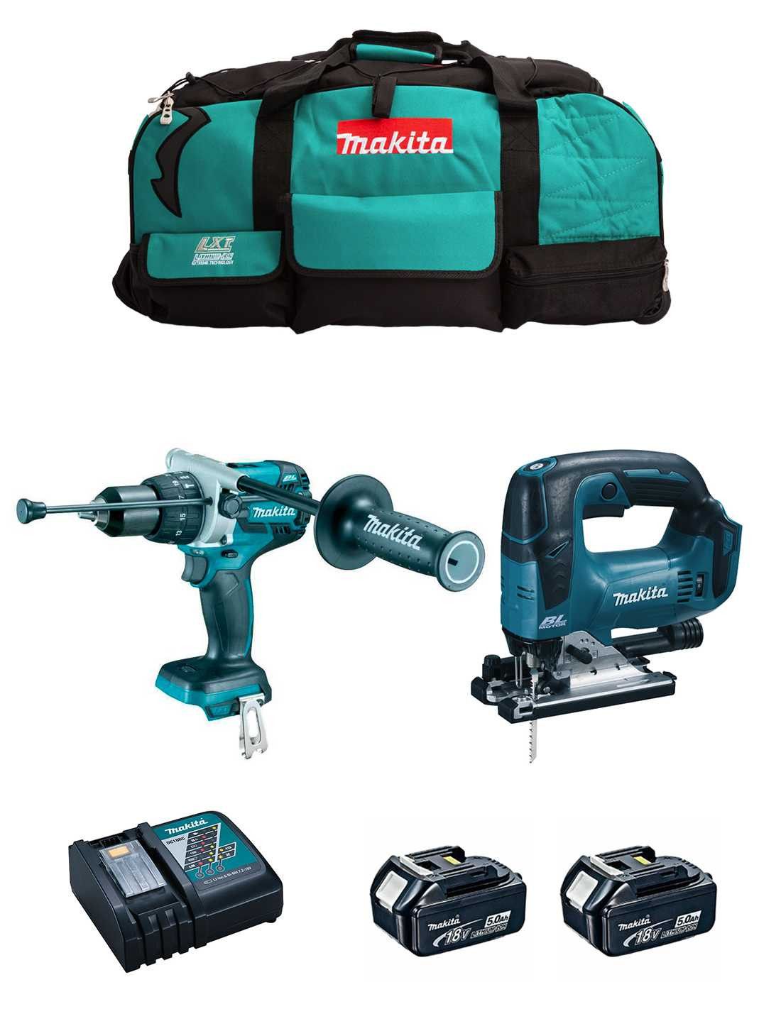 Kit Makita Marteau perforateur DHP486 + Scie sauteuse DJV182 + 2bat 5Ah + chargeur + sac DLX2481BL2
