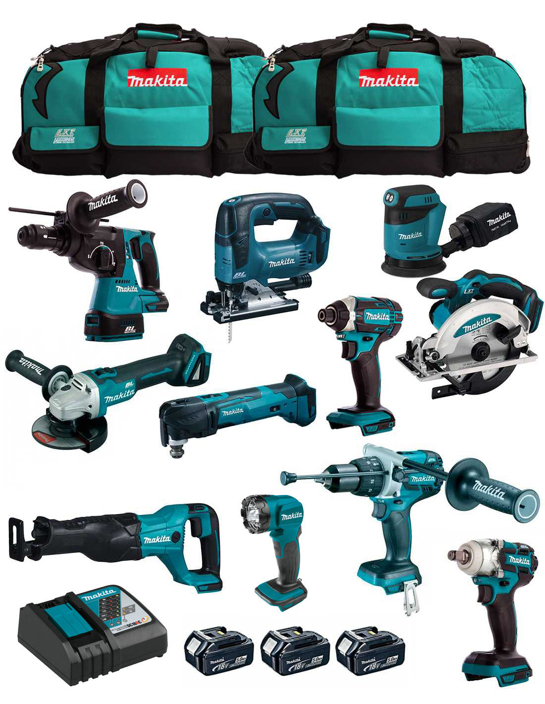 Makita Kit avec 11 outils + 3 battes + chargeur + 2 pochettes DLX1143BL3