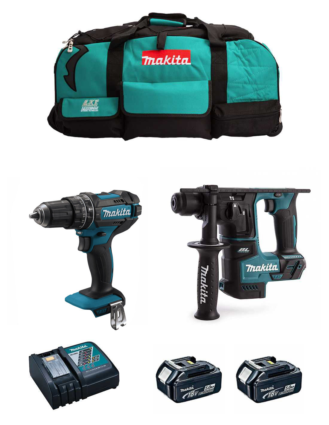 Kit Makita Tournevis perceuse DHP482 + Marteau DHR171 + 2 bat. 5Ah + chargeur + sac DLX2171BL2