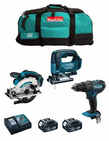 Kit Makita Marteau perforateur DHP482 + Scie circulaire DSS610 + Scie sauteuse DJV182 + 2bat 5Ah + chargeur + sac DLX3610BL2