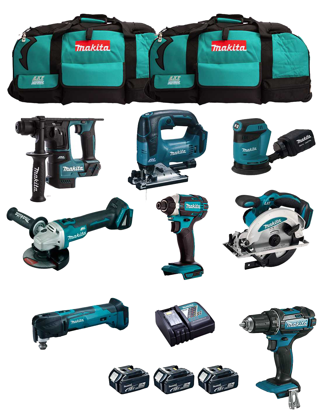 Kit Makita avec 8 outils + 3 bat 5.0Ah + chargeur + 2 sacs DLX8171BL3