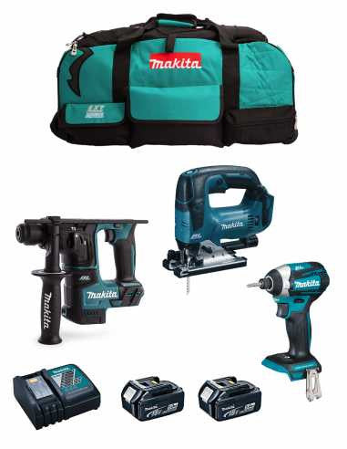Kit Makita Marteau DHR171 + Scie sauteuse DJV182 + Tournevis à chocs DTD152 + 2bat 5Ah + Chargeur + sac DLX3152BL2