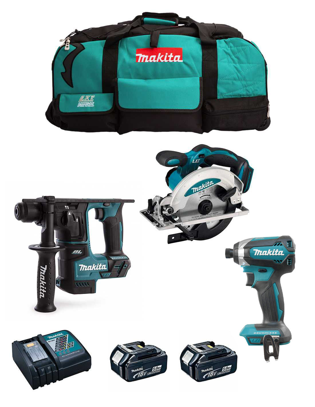 Kit Makita Marteu DHR171 + Tornanevis à choc DTD152 + Scie circulaire DSS610 + 2bat 5Ah + chargeur + sac LXT600 DLX3171BL2