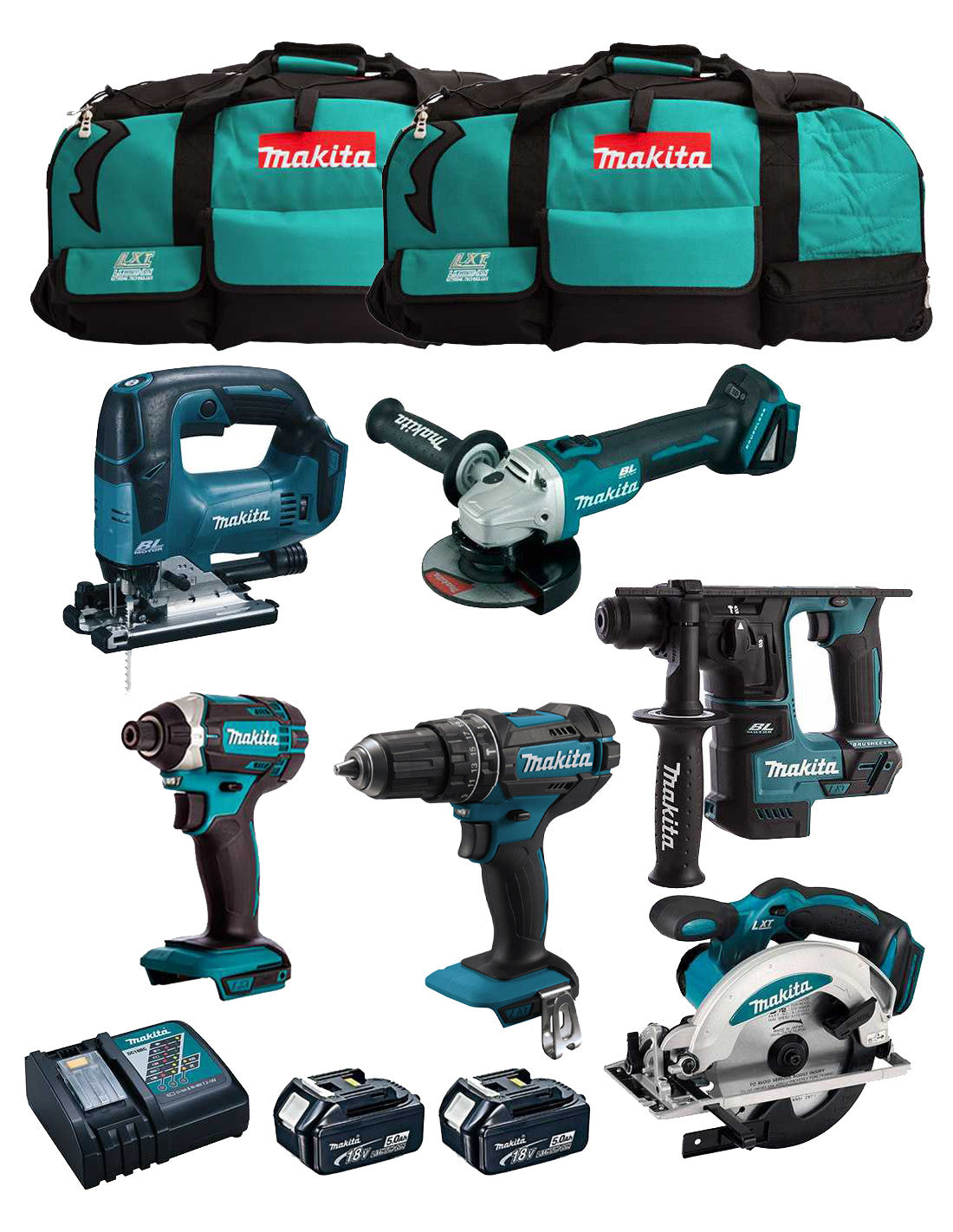 Kit Makita 6 outils + 2 bat 5Ah + chargeur + sac LXT600 DLX6482BL2