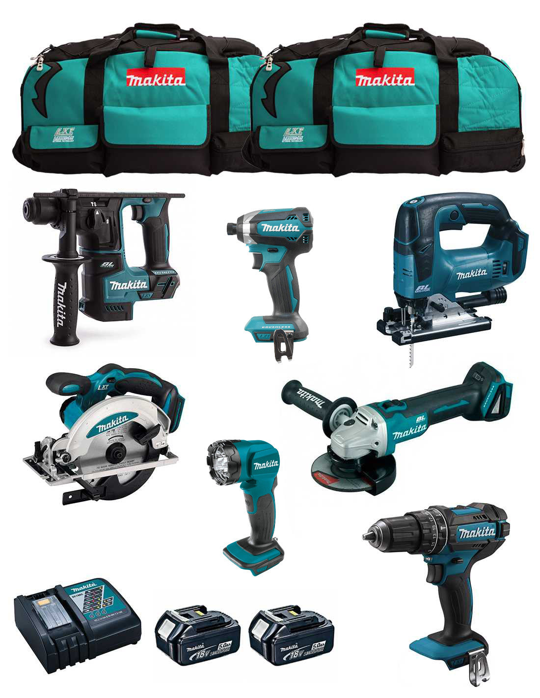Kit Makita 7 outils + 2bat 5Ah + chargeur + 2 sac LXT600 DLX7815BL2