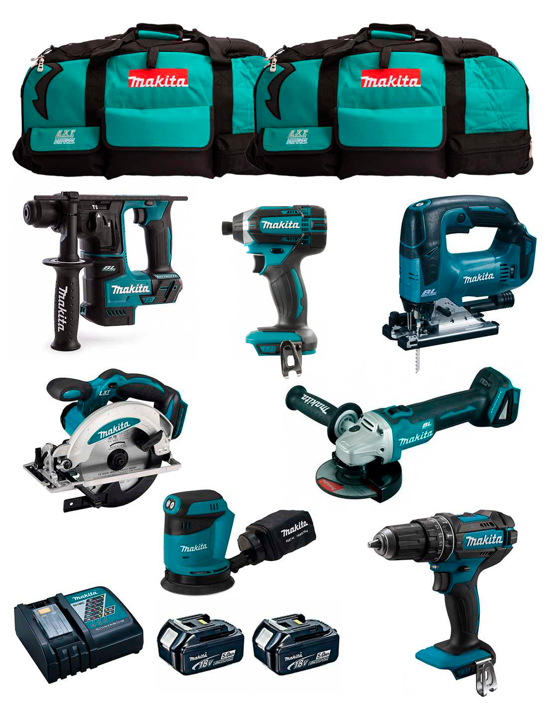 Makita 7 outils + 2bat 5Ah + chargeur + 2 sac LXT600 DLX7180BL2