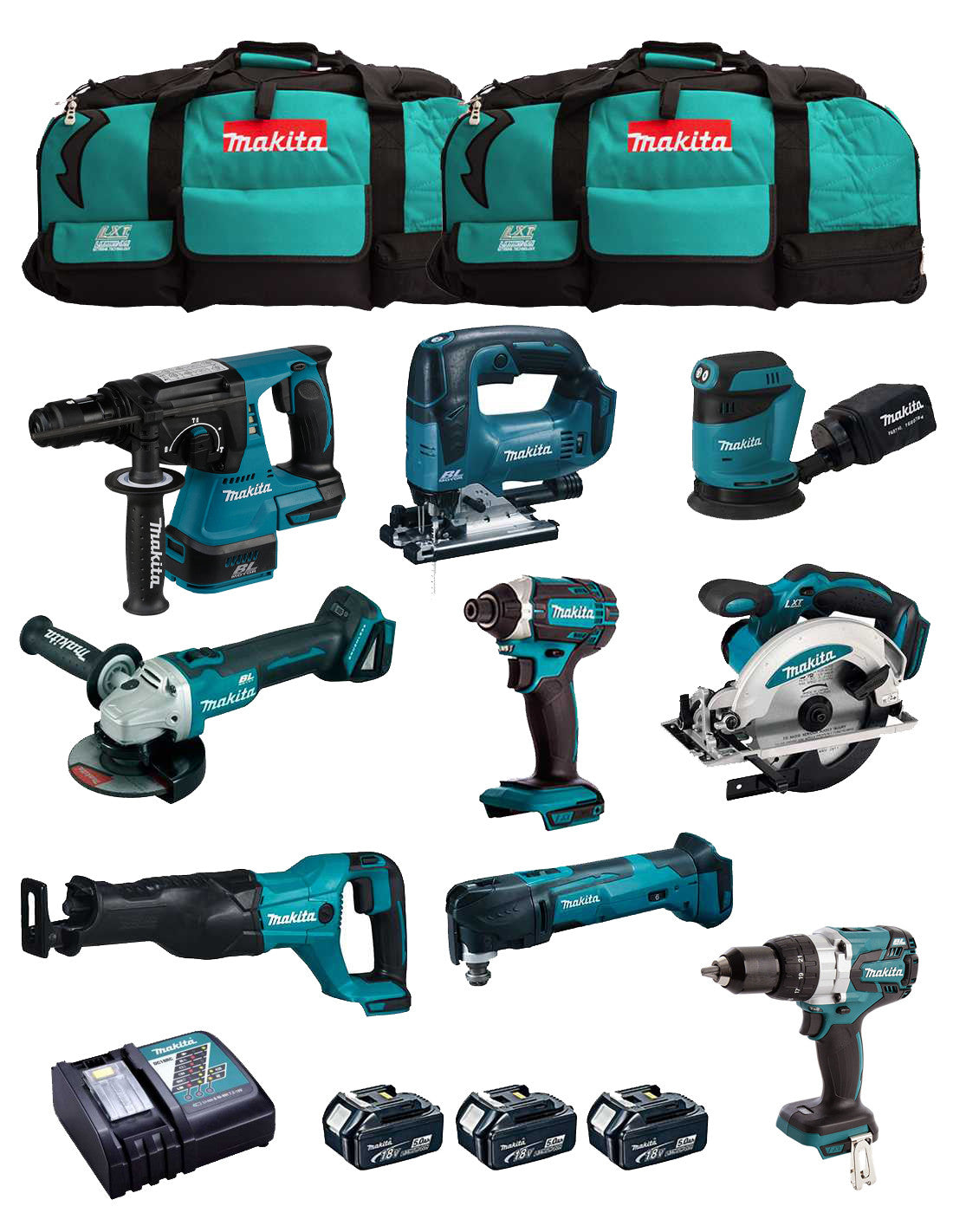 Kit Makita avec 9 outils + 3 bat 5.0Ah + chargeur + 2 sacs DLX9243BL3
