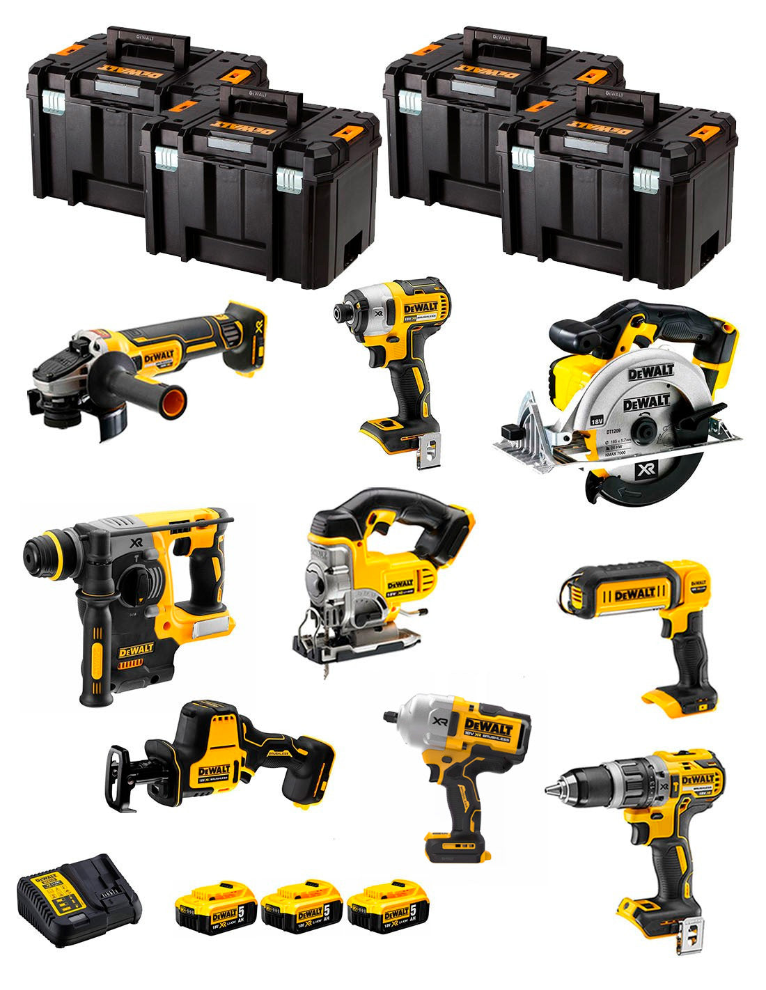 Kit Dewalt avec 9 outils + 3 bat 5ah + Chargeur DCB115 + 4xTstak DCK991P3