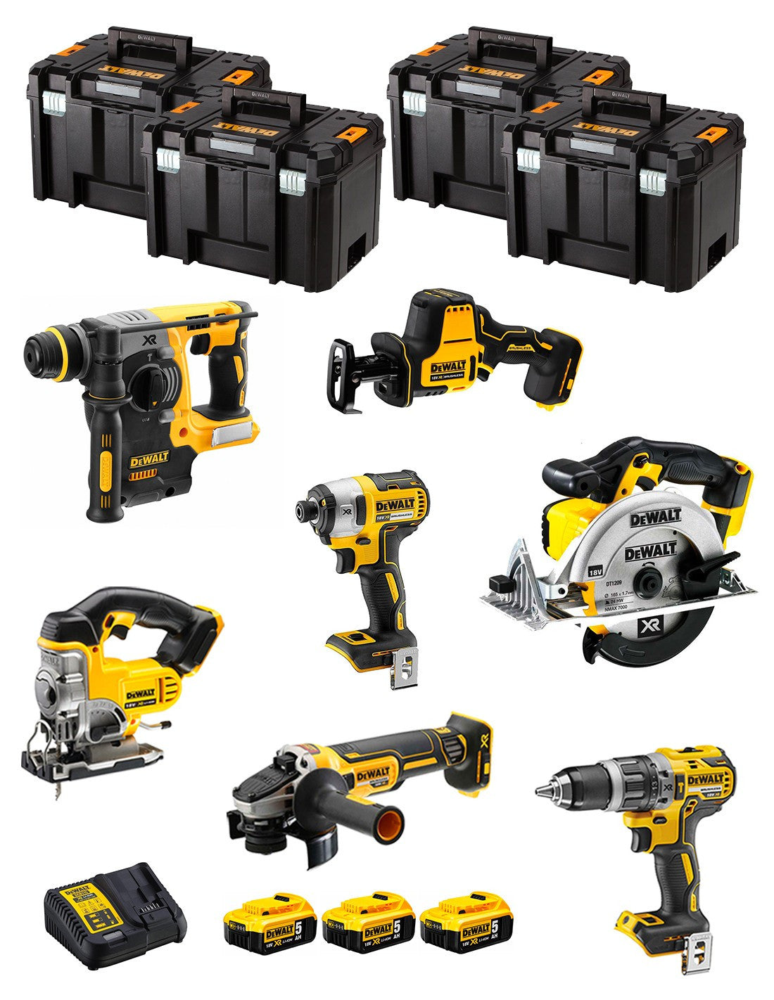 Kit Dewalt avec 7 outils + 3 bat 5ah + Chargeur DCB115 + 4xTstak DCK769P3