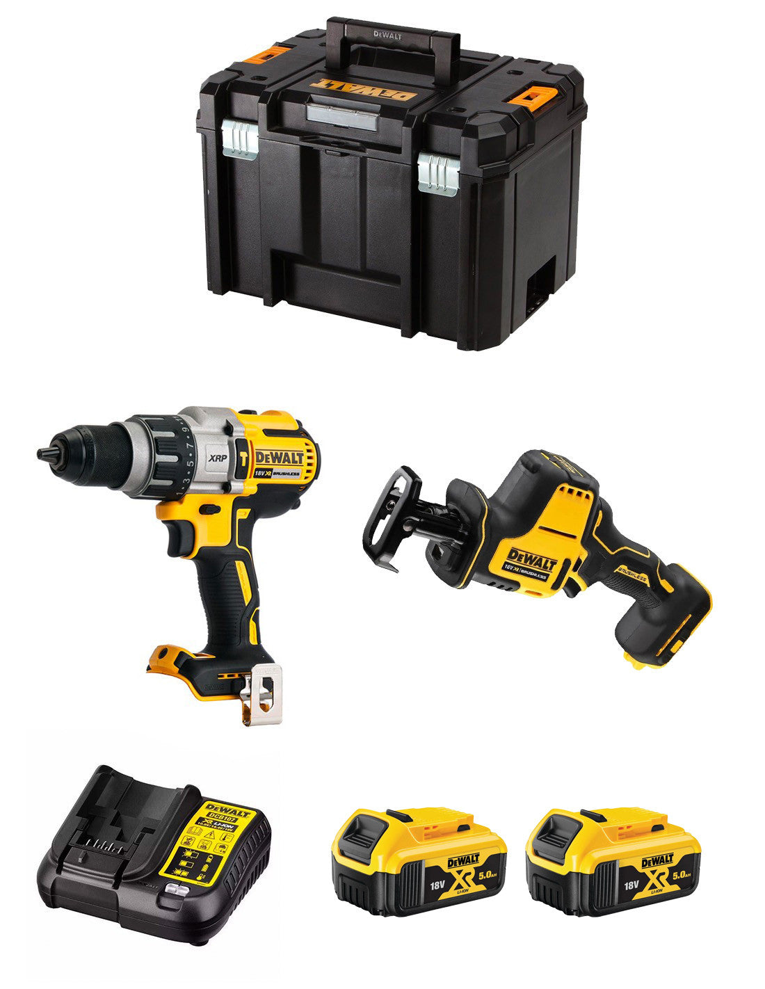 Kit Dewalt Marteau perforateur DCD996 + Mini scie à guichet DCS369 + 2bat 5Ah + Chargeur + TSTAK VI DCK269P2