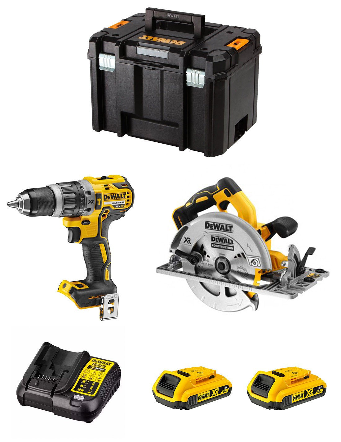 Kit Dewalt avec marteau perfurateur DCD796 + Scie Circulaire DCS572 + 2bat 2Ah + DCB107 + TSTAK VI DCK270D2