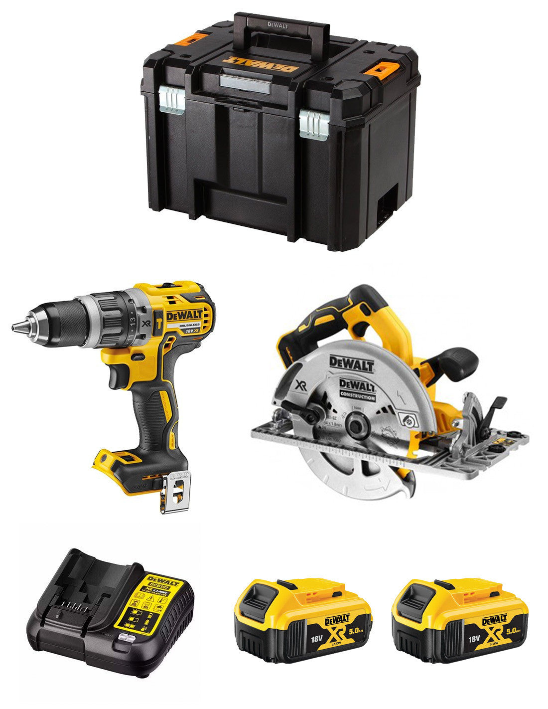 Kit Dewalt Marteau perforateur DCD996 + Scie circulaire DCS572 + 2bat 5Ah + Chargeur + TSTAK VI DCK296P2