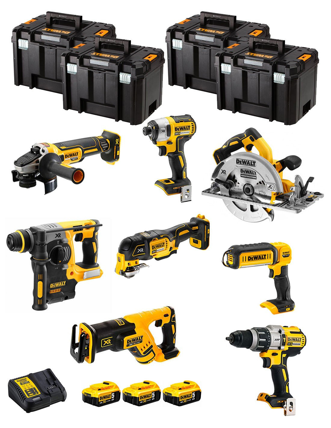 Kit Dewalt avec 8 outils + 3 bat 5ah + Chargeur DCB115 + 4xTstak DCK867P3