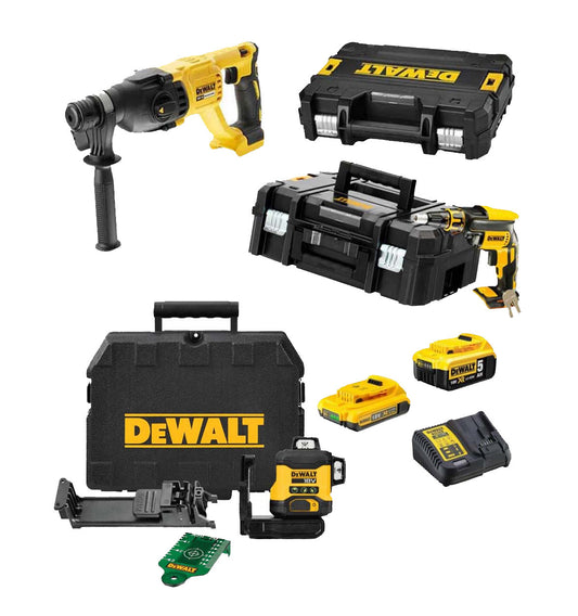 Mega Combo Placoplâtre : Tournevis DCF620+ Marteau DCH133+ Niveau DCLE34031N + 2 Batteries 18V Dewalt