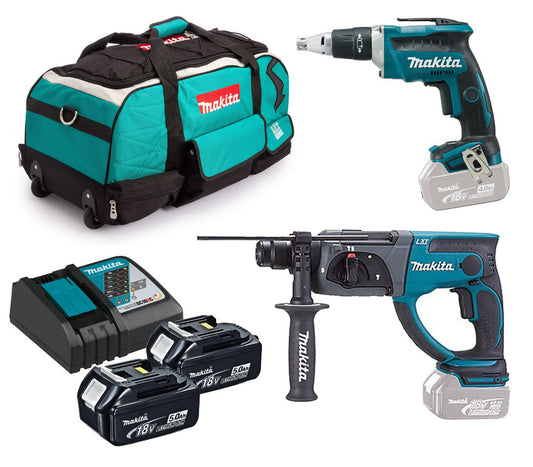 Combo cloison sèche Makita 18V : tournevis Pladur DFS452 + marteau léger DHR202 + 2 piles 5.0Ah + sac
