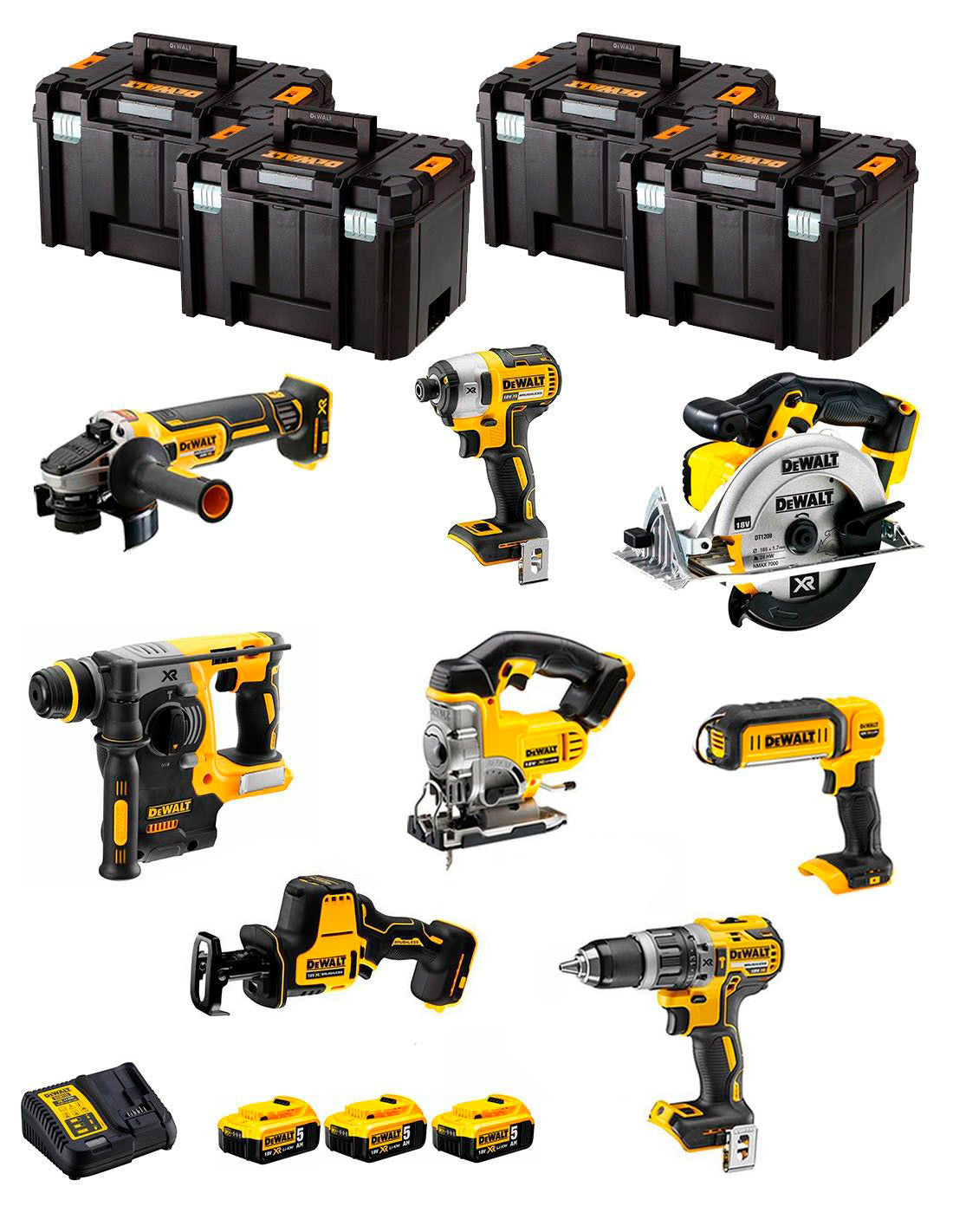 Kit Dewalt avec 8 outils + 3 bat 5ah + Chargeur DCB115 + 4xTstak DCK891P3