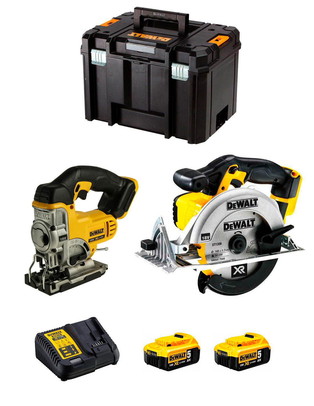 Kit Dewalt Scie sauteuse DCS334 + Scie circulaire DCS391 + 2bat 5Ah + chargeur + TSTAK VI DCK215P2