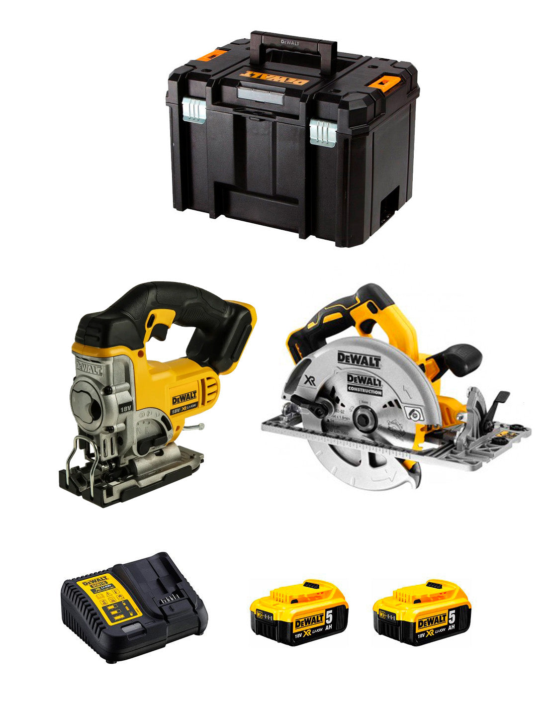 Kit Dewalt Scie circulaire DCS572 + Scie sauteuse DCS331 + 2bat 5Ah +chargeur + TSTAK DCK270P2