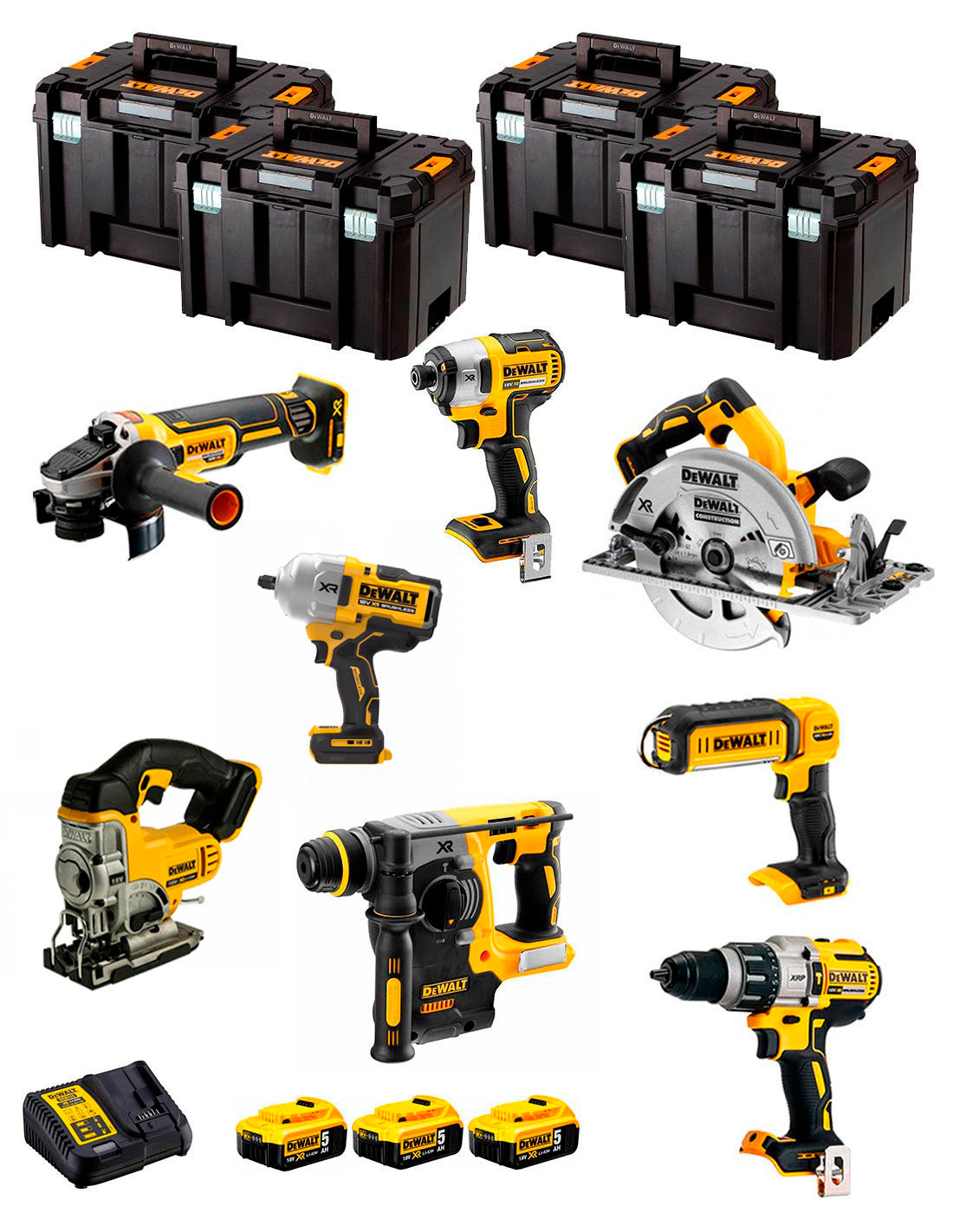 Kit Dewalt avec 8 outils + 3 bat 5ah + Chargeur DCB115 + 4xTstak DCK834P3