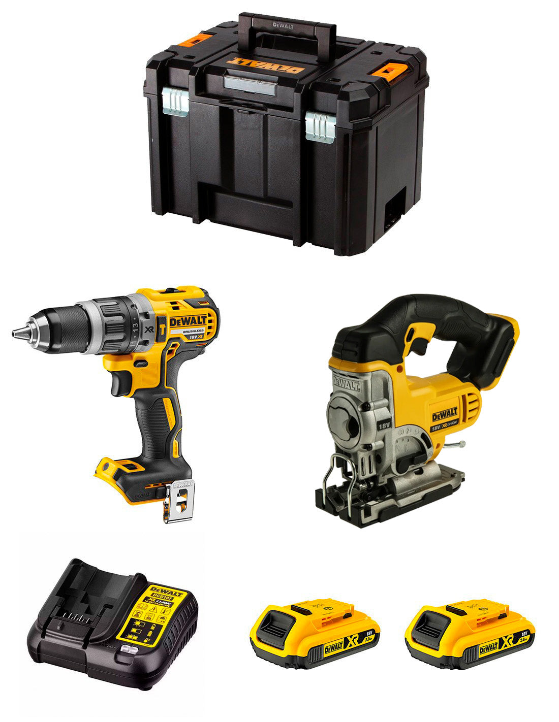 Kit Dewalt Marteau perforateur DCD796 + Scie sauteuse DCS331 + 2bat 2Ah + chargeur DCB107 + TSTAK VI DCK234D2