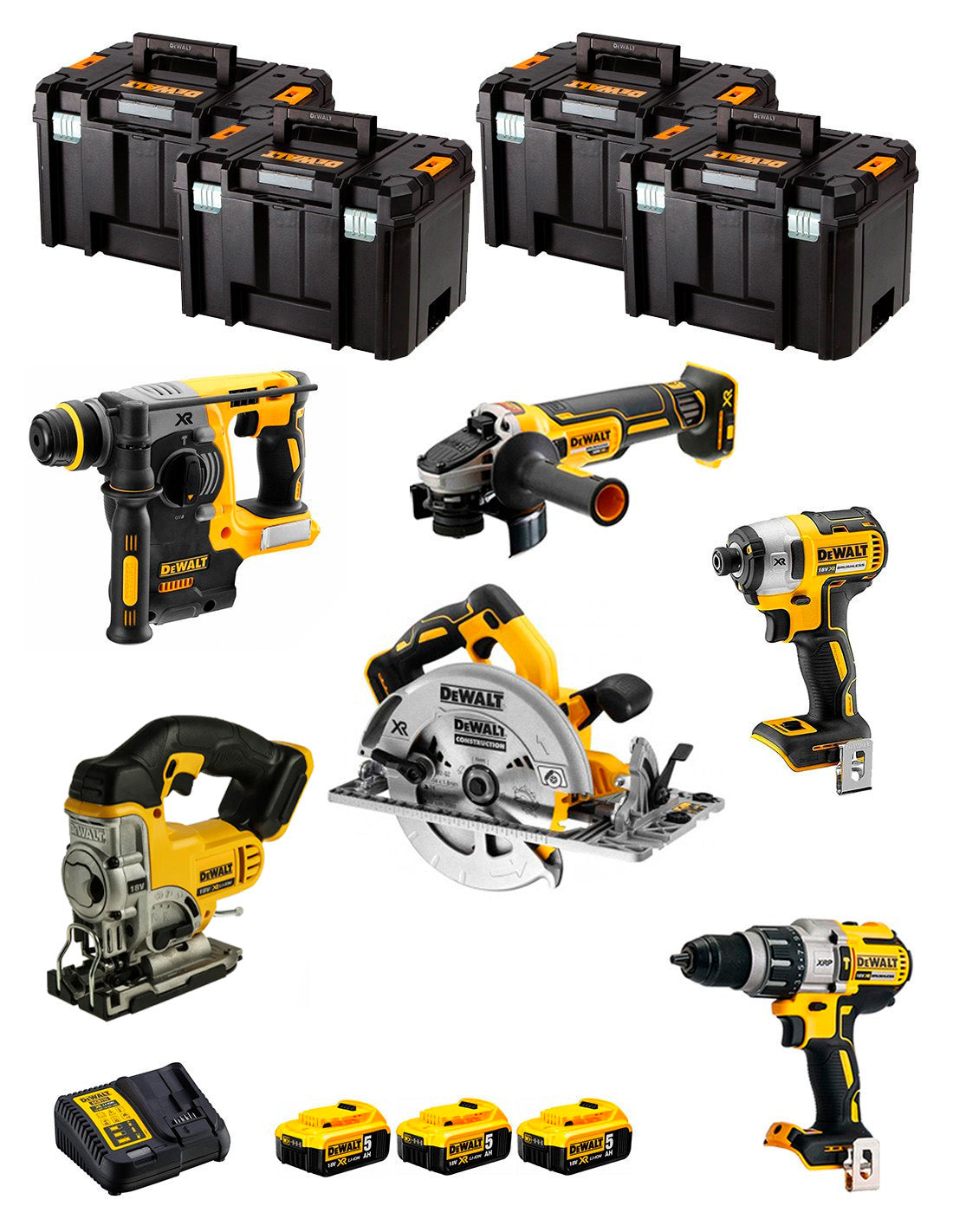 Kit Dewalt avec 6 outils + 3 bat 5ah + Chargeur DCB115 + 4xTstak DCK670P3