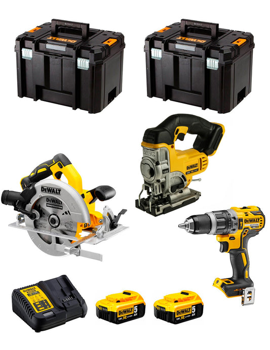 Kit Dewalt Marteau perforateur DCD796+ Scie sauteuse DCS331+ Scie circulaire DCS572+ 2bat 5Ah + Chargeur+ 2xTSTAK VI DCK370P2
