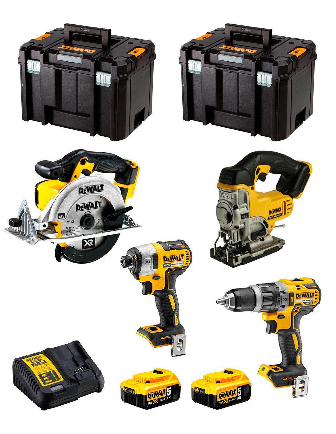 Kit Dewal 4 outils + 2bat 5Ah + Chargeur + 2xTSTAK VI DCK491P2