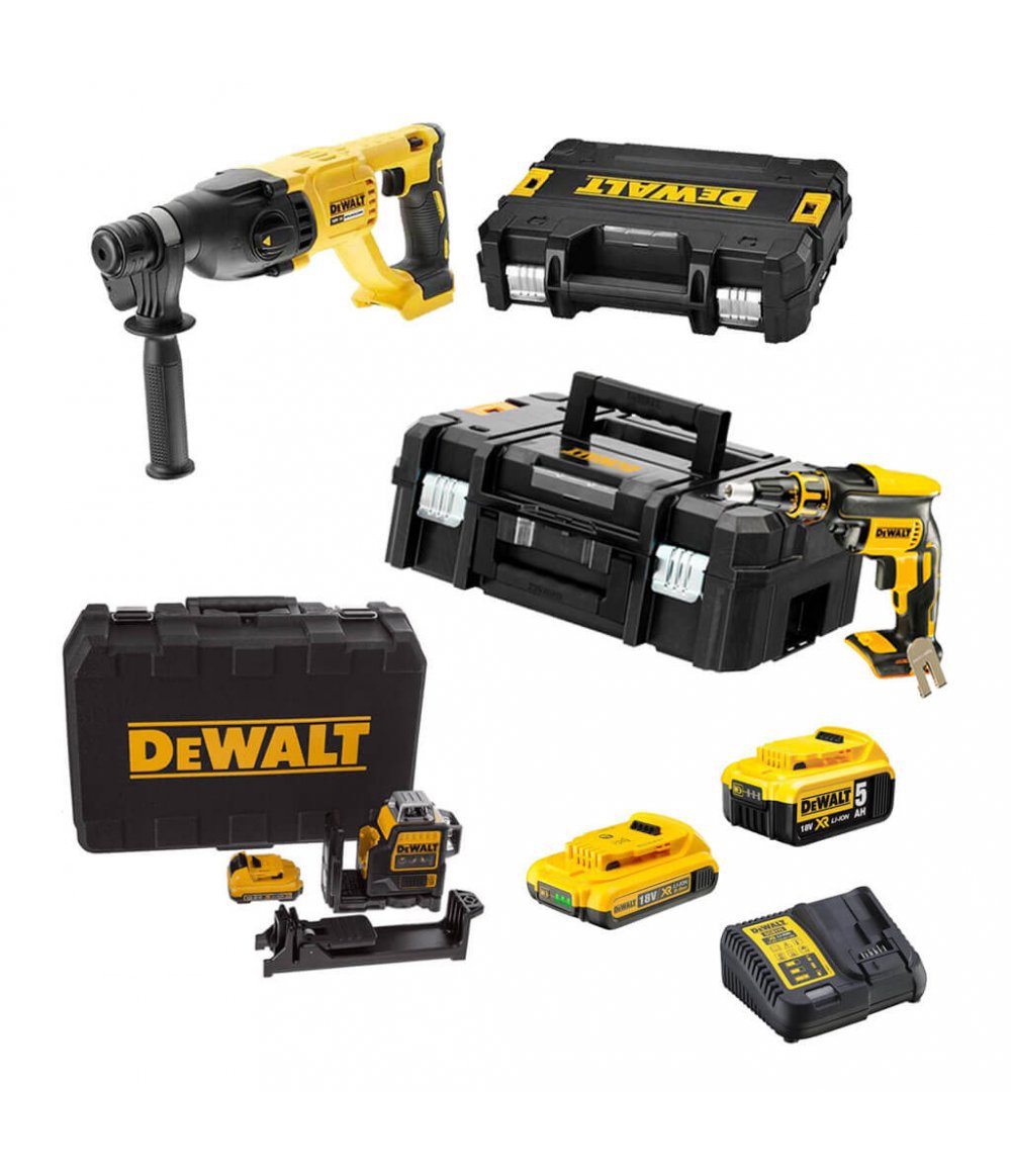 Mega Combo Placoplâtre : Tournevis DCF620+ Marteau DCH133+ Niveau DCE089D1G + 2 Batteries 18V Dewalt