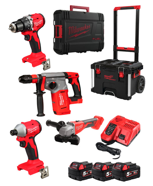 Marteau Powerpack + Perceuse + Meuleuse + Visseuse à percussion + 3bat 5Ah + Chargeur + 2 Mallettes Milwaukee