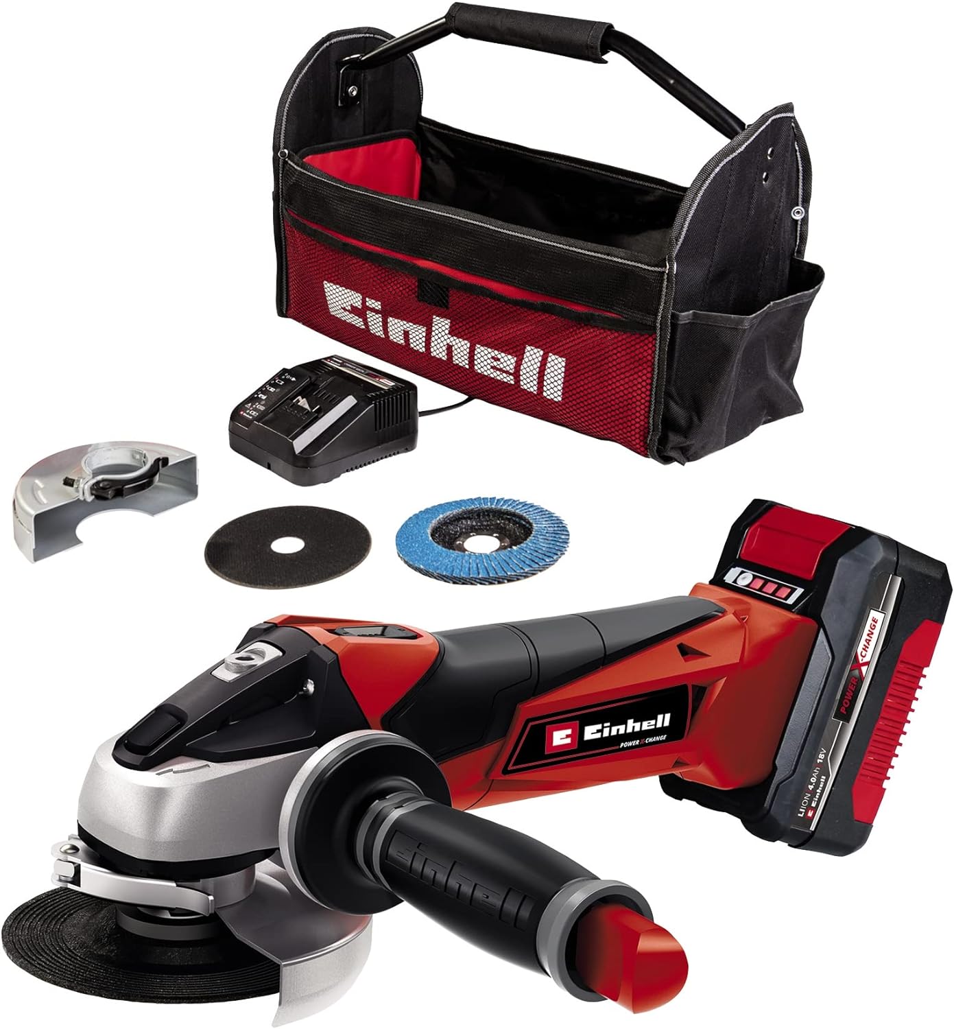 Kit meuleuse d'angle 18V 115mm + batterie 4Ah + chargeur + sac + accessoires Kit Einhell TE-AG 18/115 Li