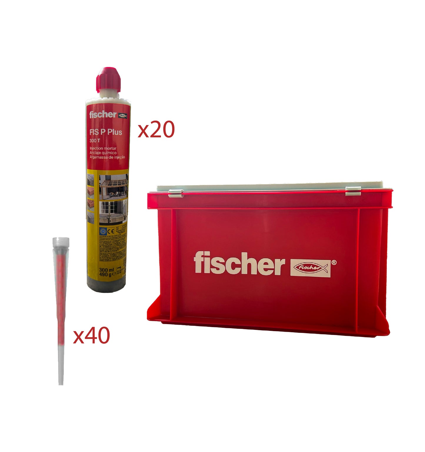 Pack de 20 Cartouches d'Ancre Chimique 300ml FIS P Plus 300 T + 40 buses + boite Fischer 573261
