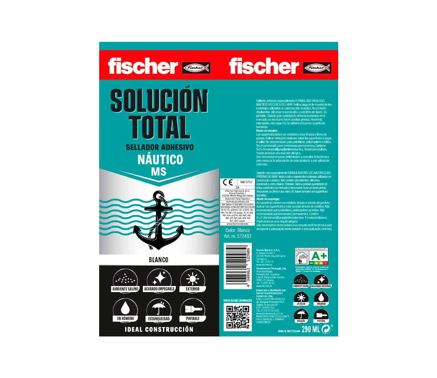 Cartouche de mastic adhésif 290ml Fischer MS Nautical Special