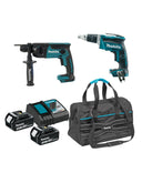 Combo plaque de plâtre 18V Makita : Tournevis pour plaque de plâtre DFS452 + Marteau léger DHR165 + 2 batteries 3.0Ah + sac