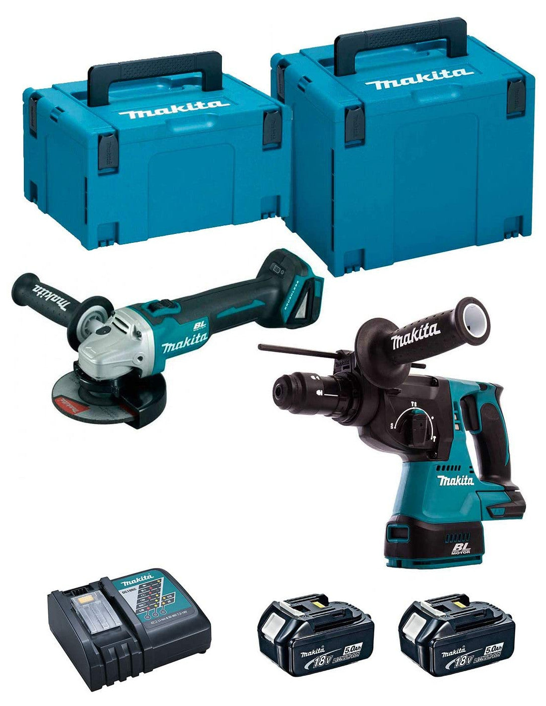 Kit combiné meuleuse DGA504ZJ + marteau léger DHR243RTJ 18V avec 2 batteries 5.0Ah et mallettes de transport DLX2125TJ1 Makita