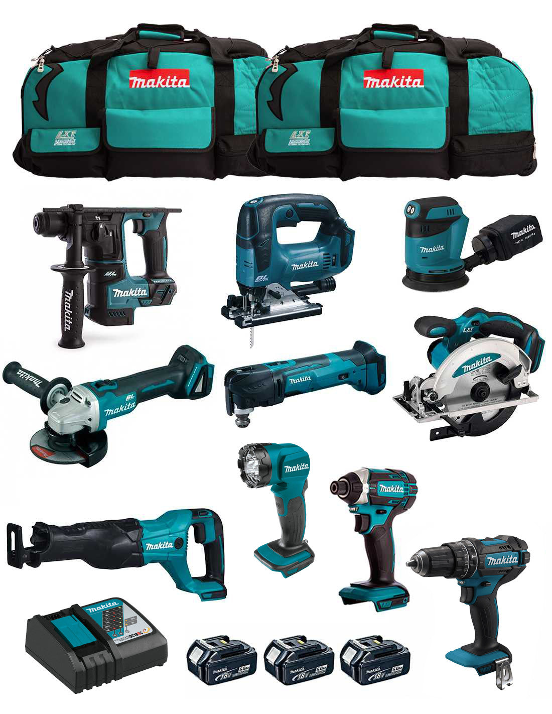 Makita Kit avec 10 outils + 3 battes + chargeur + 2 pochettes DLX1071BL3