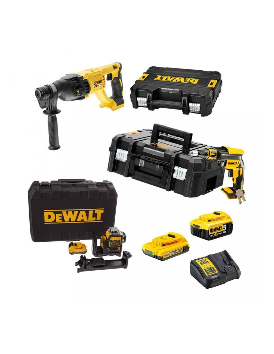 Mega Combo Placoplâtre : Tournevis DCF620+ Marteau DCH133+ Niveau DCE089D1R + 2 Batteries 18V Dewalt