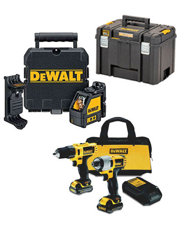 Dewalt Set : Visseuse perceuse + Conducteur à chocs + Laser DW088K + Mallette profonde + 2 Batteries 1,3 AH
