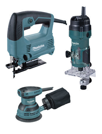 Makita MT Ensemble d'outils électriques : Scie sauteuse 450W + Défonceuse 530W + Ponceuse rotative 230W PRK00185 MAKITA - 1