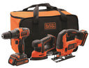 Kit Taladro Percutor + Lijadora Mouse + sierra de calar 18V con 2 baterías 1.5Ah, cargador y bolsa Black+Decker BCK31S1S